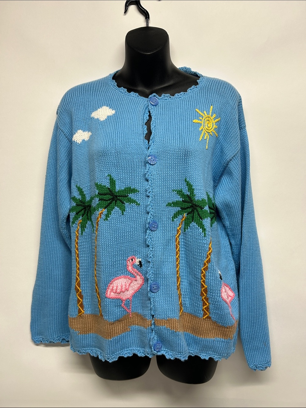 Rey Wear Light Blue Hand-Knitted Sweater Pink Flamingo size medium 100% cotton